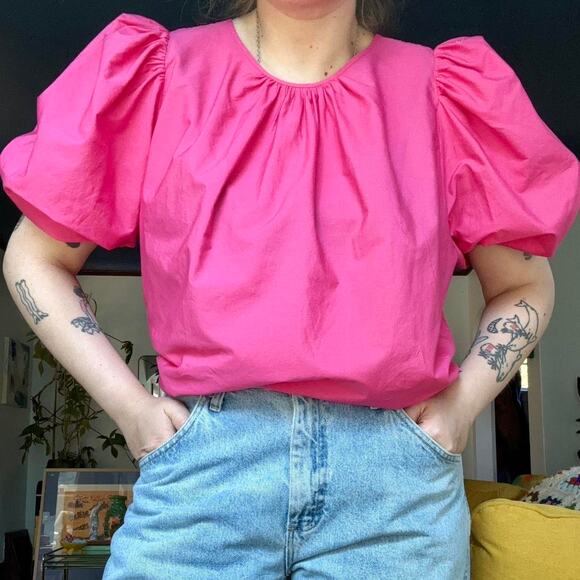 Handmade Reversible Fuchsia Pink Cotton Tie Puff Sleeve Top— Size Large - Picture 1 of 4